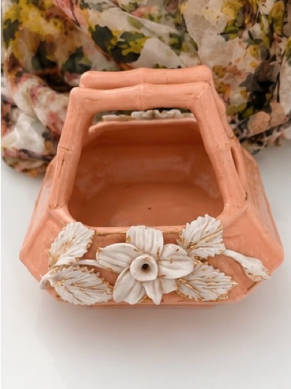 Vintage Pompeyi Peach Ceramic Floral Basket | Double Bamboo Handles